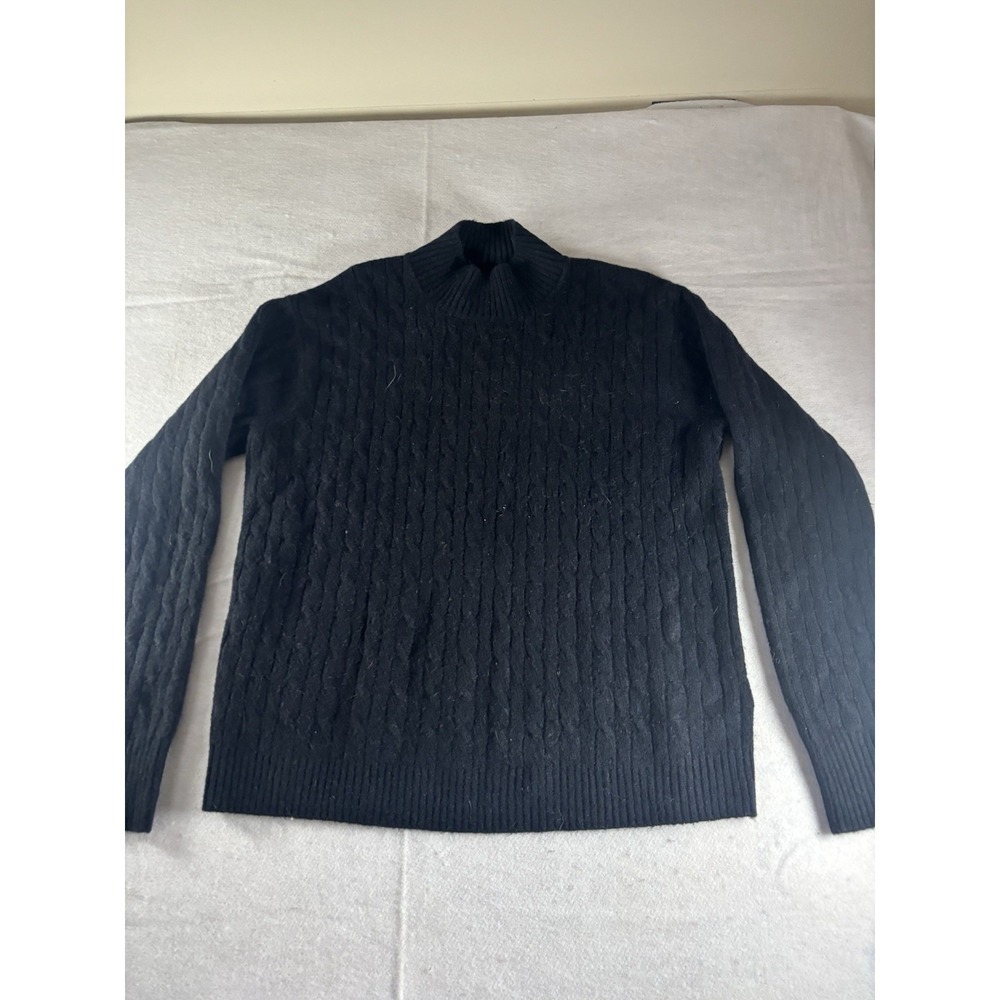 J Crew Cable Knit Sweater Extra Soft Yarn Black Mock Neck Wool Blend Women's‎ Lg